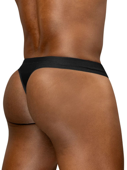 Black ergo wear ew1830 x4d sw swim thong with smooth stretchy fabric waistband shown from the back side