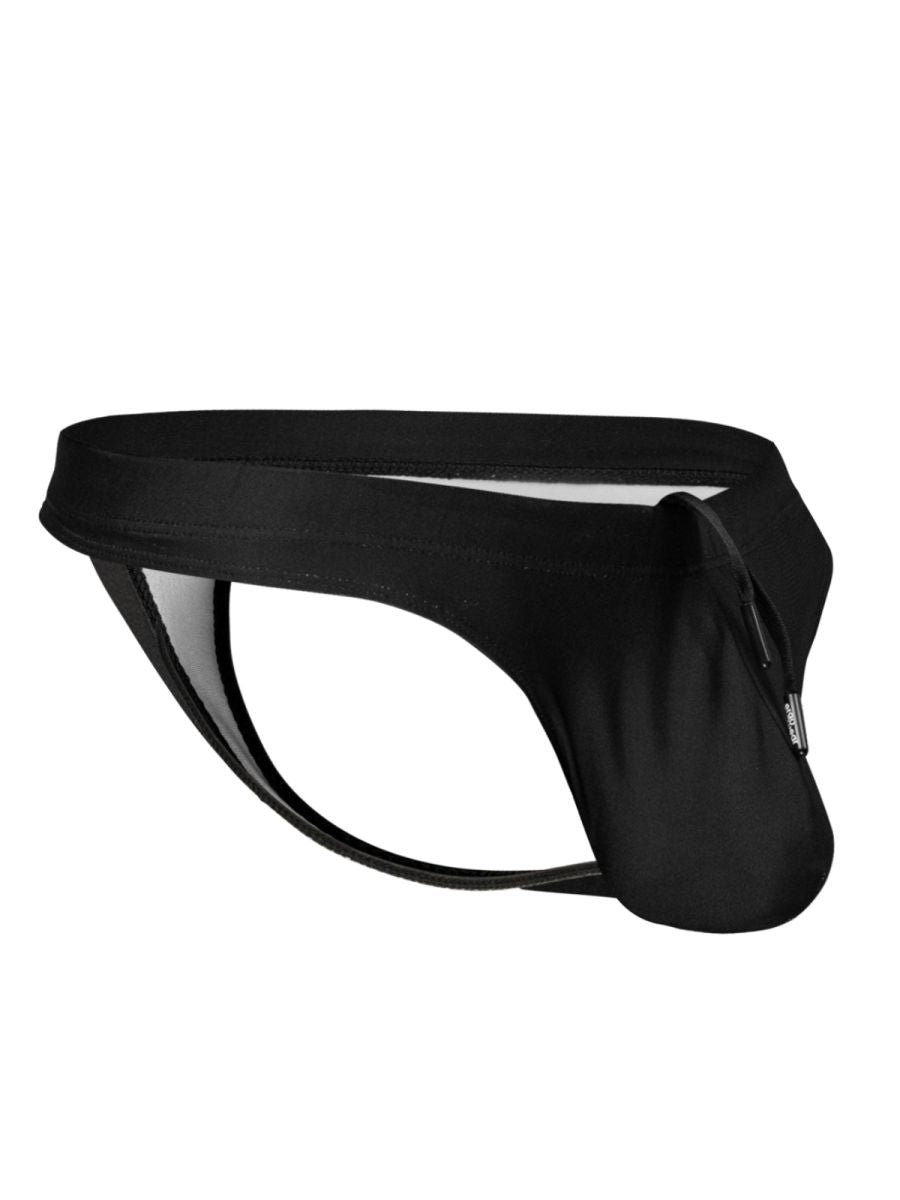Ergowear ew1830 x4d sw swim thongs in black satin with sleek form-fitting design and subtle side zipper detail