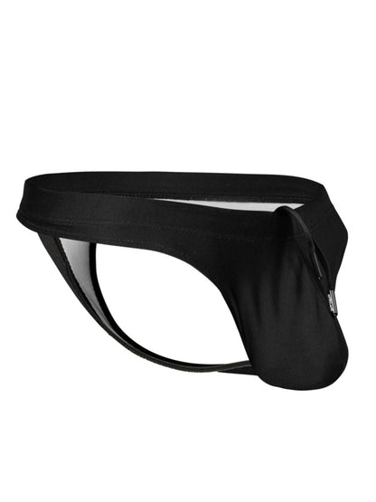 Ergowear ew1830 x4d sw swim thongs in black satin with sleek form-fitting design and subtle side zipper detail