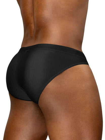 Black sleek form-fitting satin finish briefs ergo wear ew1831 x4d sw swim bikini front view