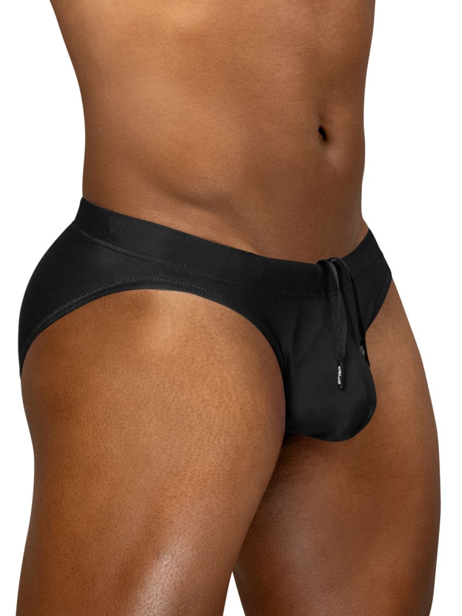 Black satin swim bikini briefs with drawstring waistband and small brand tag on the side by ergowear