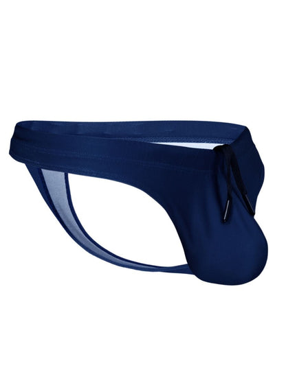 Navy blue indigo ErgoWear EW1832 X4D SW swim thongs with mesh briefs front and adjustable waist drawstring