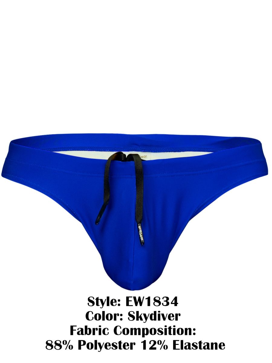 Bright blue skydiver ergo wear ew1834 x4d swim thong made of 88% polyester 12% elastane with black drawstring tie
