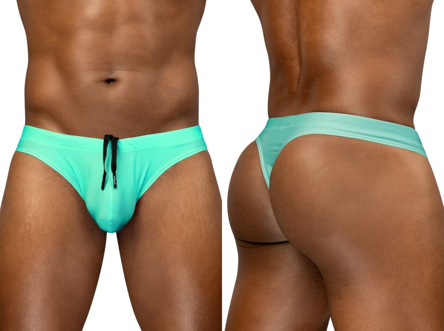Turquoise form-fitting ergo wear ew1836 x4d aqua swim thongs with black drawstring at the front for swimming