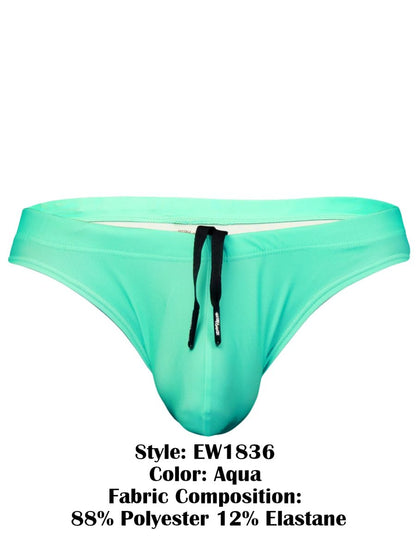 Aqua-colored ergoWear ew1836 x4d sw men’s swim thongs with black drawstring made of 88% polyester and 12% elastane