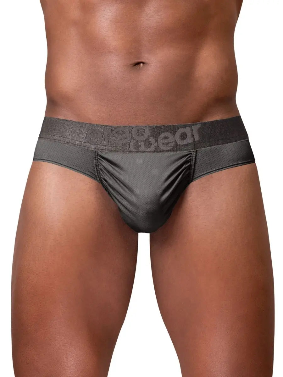 Dark gray ergonomic men's briefs by ErgoWear featuring a soft waistband and a sleek form-fitting design.