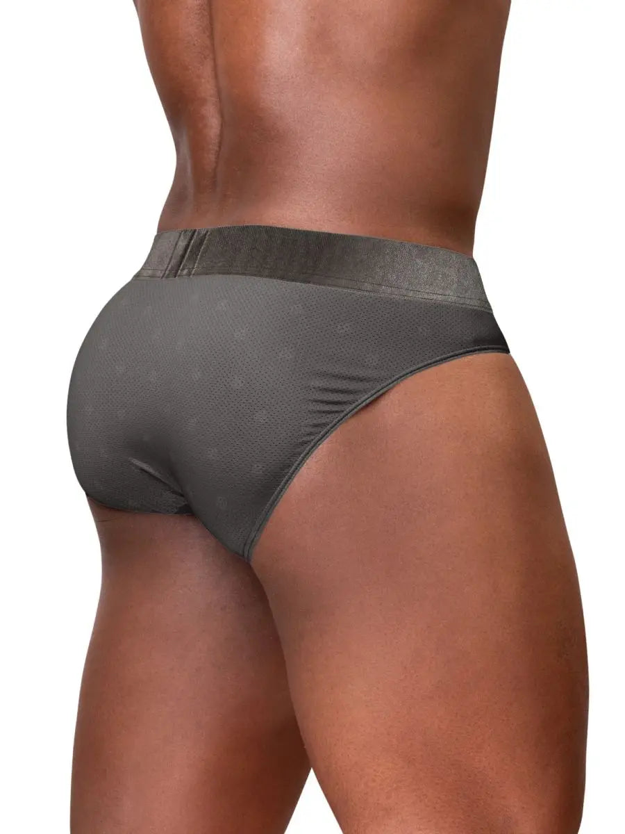 Dark gray ergonomic men's briefs by ErgoWear featuring a comfortable waistband and a sleek fit shown from the back.