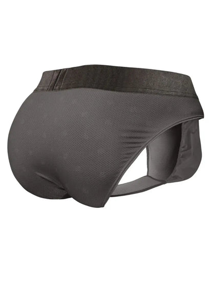 Dark gray men's briefs by ErgoWear featuring a breathable mesh design and ergonomic cut for comfort