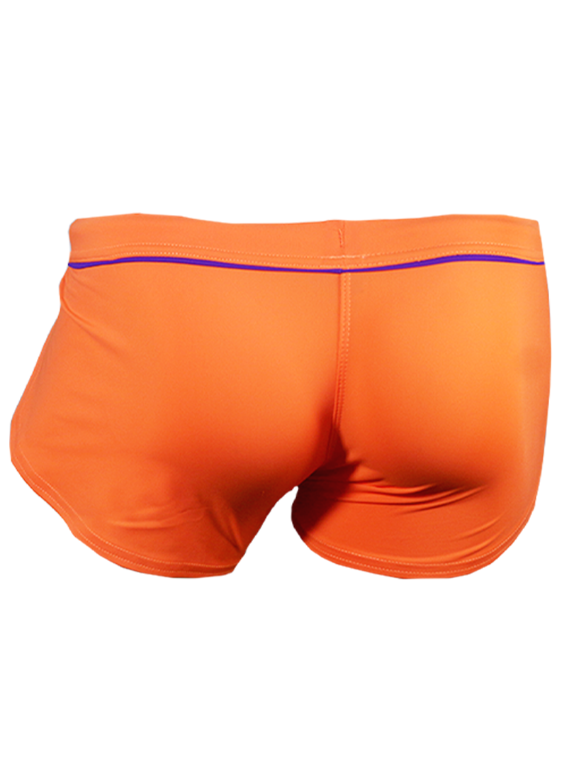 Ernesto square trunk bright orange swim trunks with purple trim along the waistband for beachwear