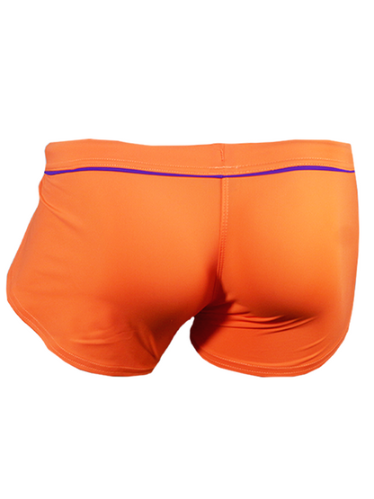 Ernesto square trunk bright orange swim trunks with purple trim along the waistband for beachwear