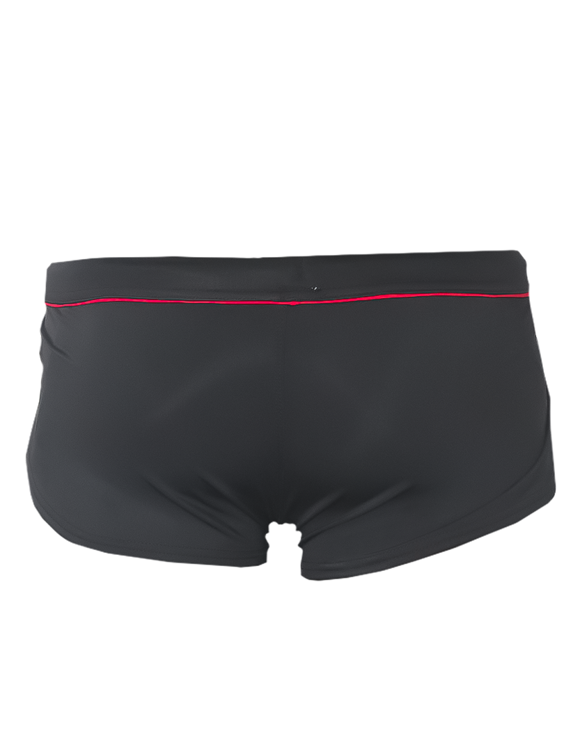 Black Ernesto square trunk swim trunks with thin red trim along the waistband for casual beachwear