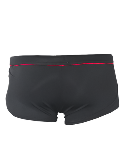 Black Ernesto square trunk swim trunks with thin red trim along the waistband for casual beachwear
