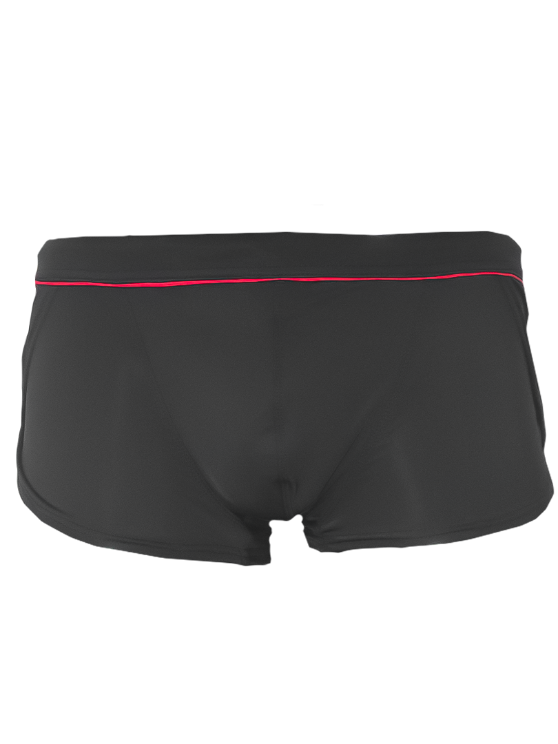 Black Ernesto square trunk briefs with thin red trim along the waistband for comfortable everyday wear