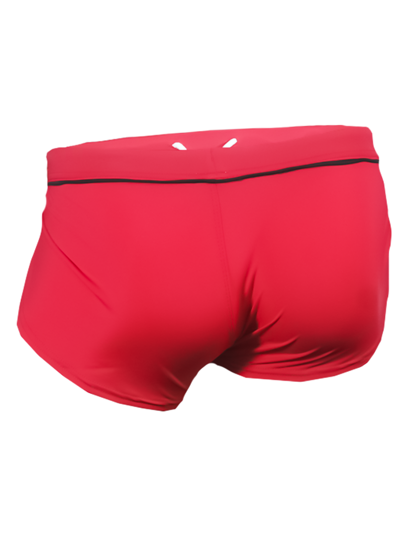 Red ernesto square trunk swim trunks with black waistband trim and two small white cutouts designed for swimming