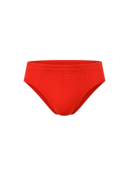 Essential cotton brief bright red form-fitting swim trunks with smooth elastic waistband and subtle seam detailing