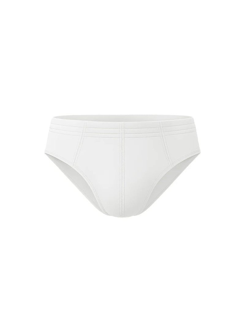 White essential cotton brief with smooth seamless design and subtle stitching details showing the back side