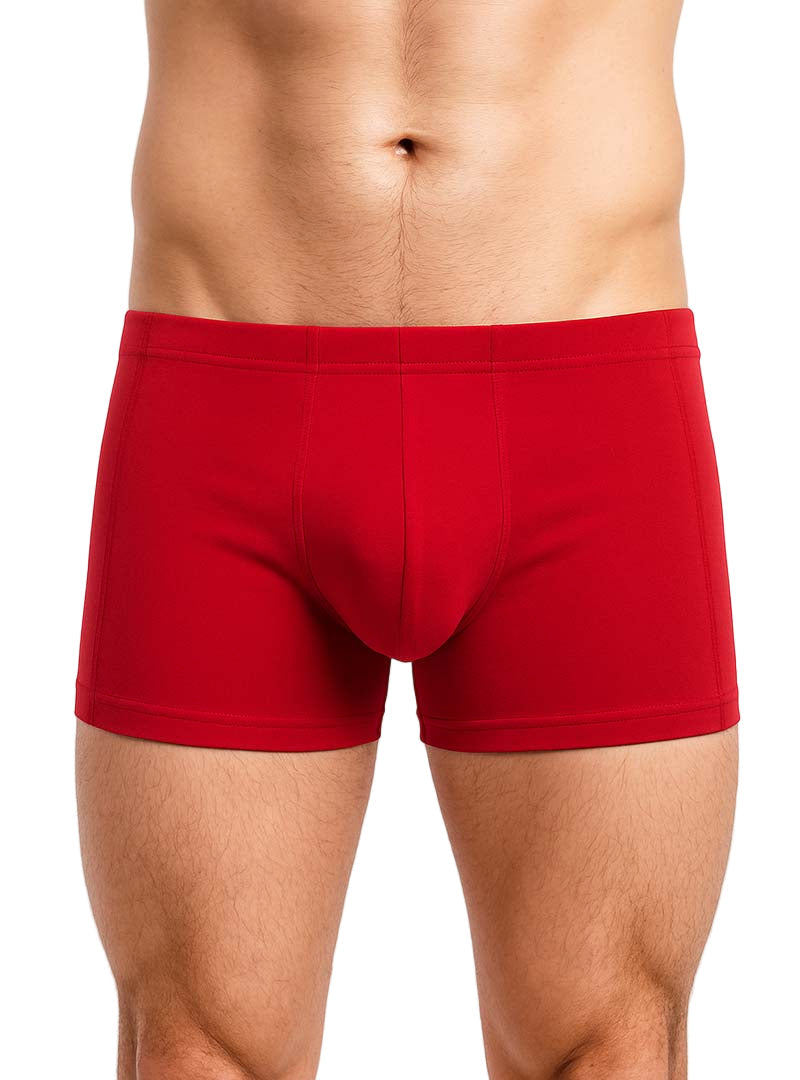 Red men’s essential trunk boxer briefs with smooth form-fitting design for comfortable everyday wear