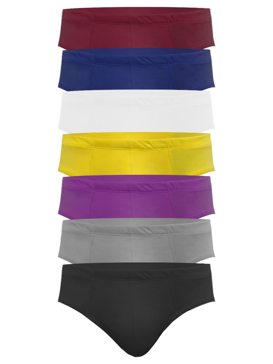 Everyday color contour basic brief 7 pack featuring seven pairs of seamless briefs in maroon navy blue white yellow purple gray and black