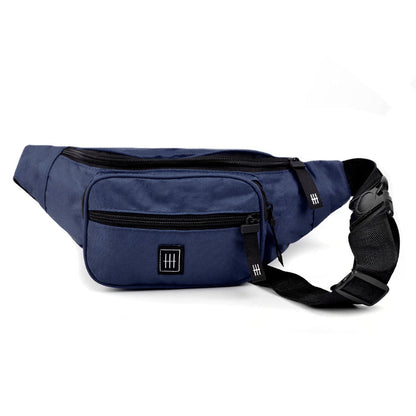 Navy blue fabric fanny pack with black zippers and adjustable strap for hands-free carrying