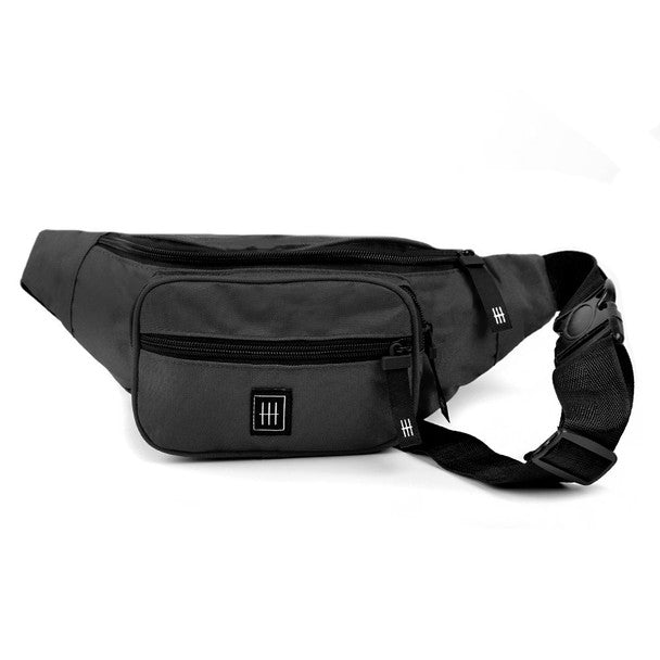 Black nylon fanny pack with multiple zippered compartments and branded logo patch for convenient storage