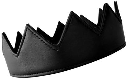 Black faux leather crown with stitched edges and pointed jagged peaks for costume or decorative use