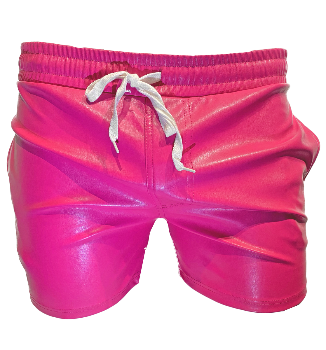 Vibrant fuchsia shiny faux leather shorts with white drawstring waistband for stylish casual wear