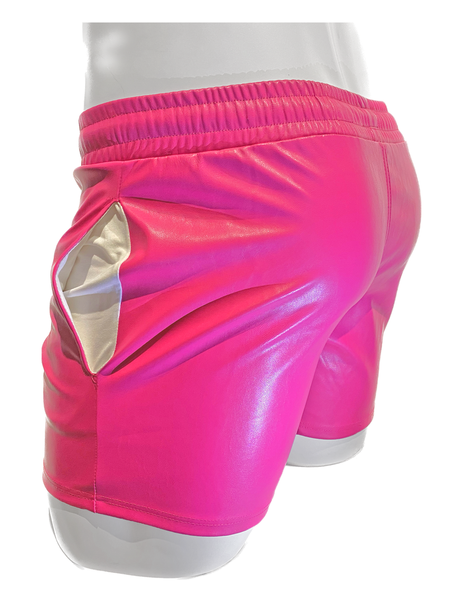 Vibrant pink faux leather shorts with shiny reflective finish and elastic waistband for stylish wear