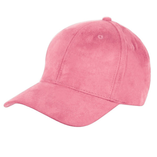 A soft pink faux suede baseball cap with a classic six-panel design and stitched seams available in 8 colors