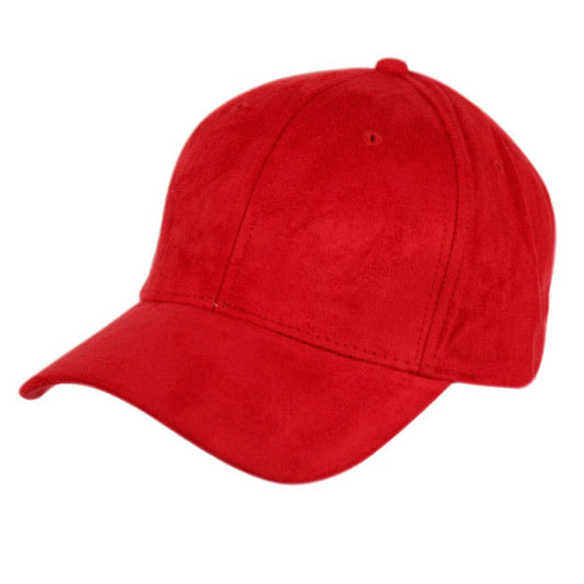 Red suede baseball cap with curved brim and stitched panels available in eight colors for casual wear