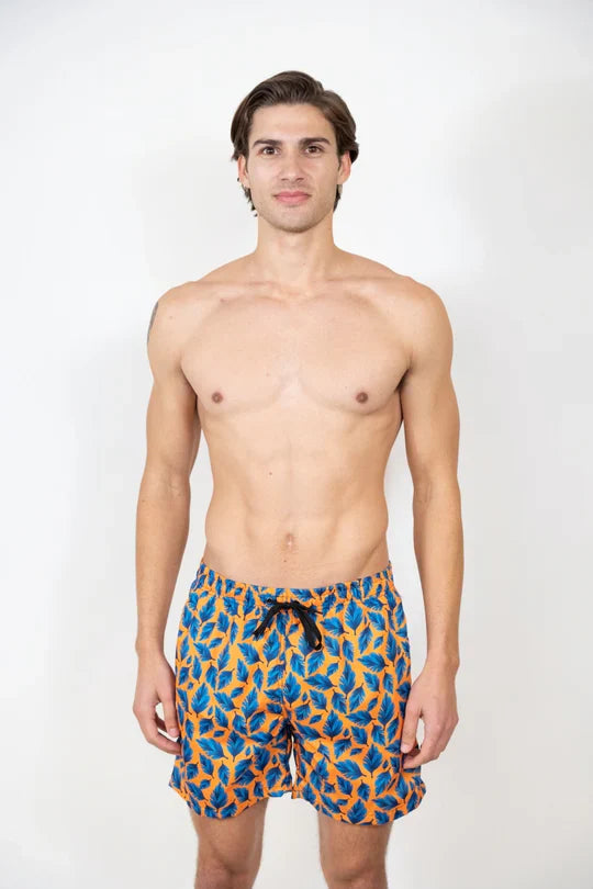 Men’s feather print swim short with vibrant blue and orange leaf pattern and black drawstring waistband