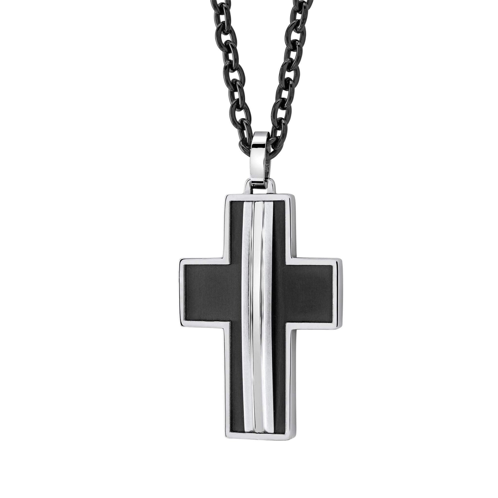 Black and silver fede cross pendant with sleek modern design and three vertical stripes on silver center