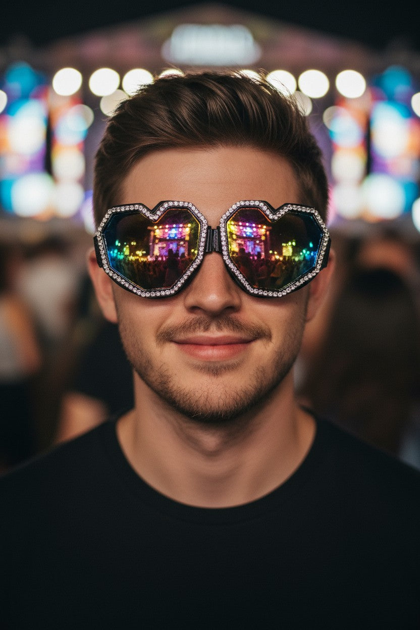 Festival goggle heart-shaped sunglasses with mirrored lenses reflecting colorful lights and rhinestone frame