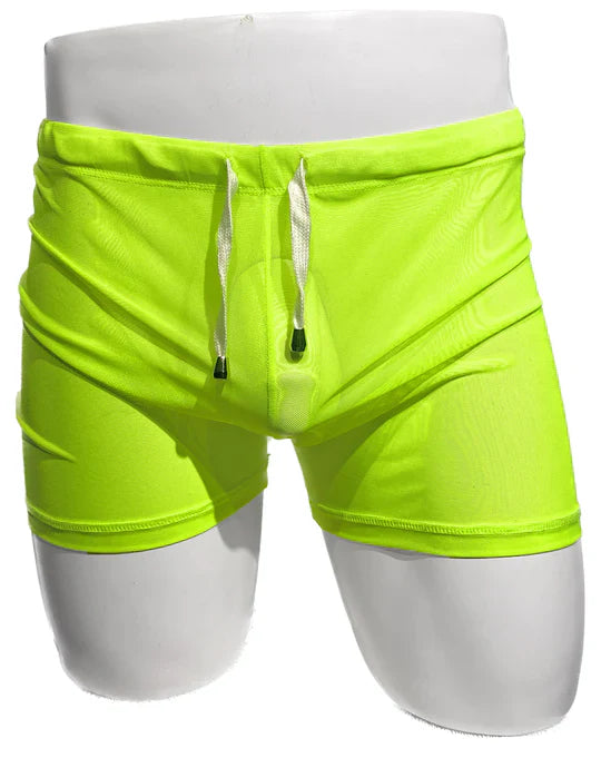 Fine mesh short neon green swim trunks with white drawstrings and black aglets made of breathable mesh material