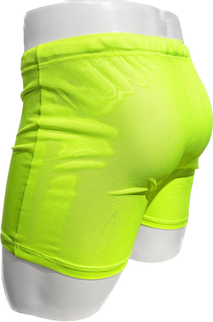 Fine mesh short neon green athletic shorts with snug fit elastic waistband made from breathable mesh material