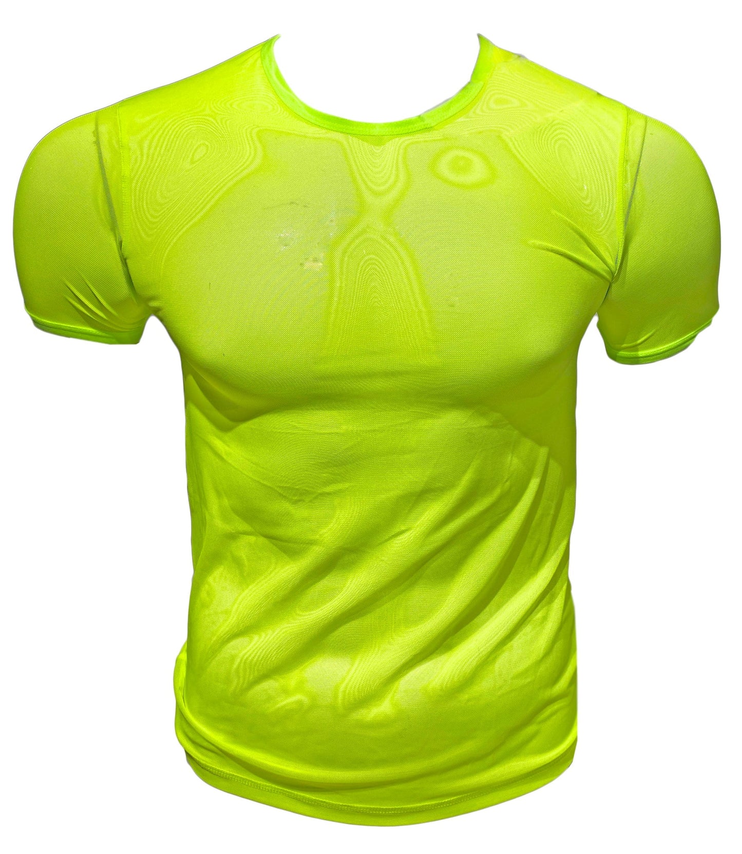 Bright neon yellow fine mesh tee moisture-wicking athletic shirt with subtle textured pattern for active wear