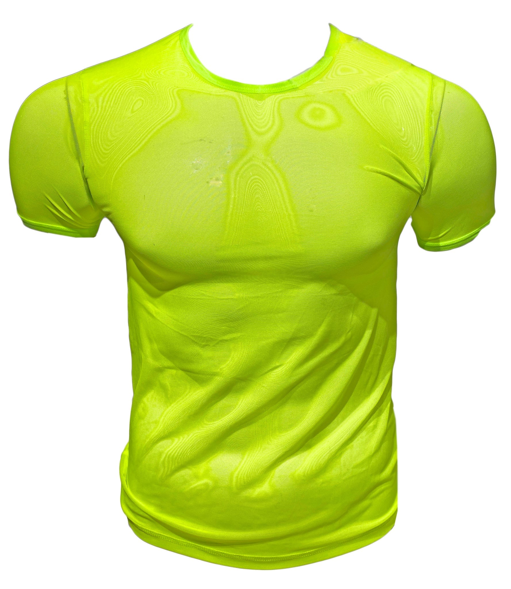 Bright neon yellow fine mesh tee moisture-wicking athletic shirt with subtle textured pattern for active wear