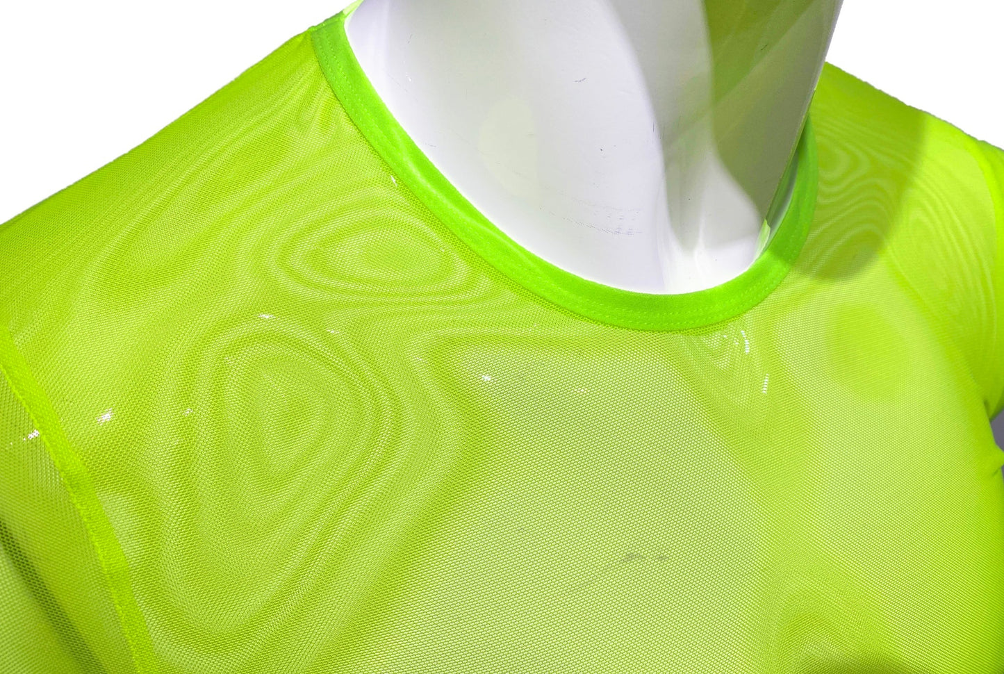 Neon green fine mesh tee with matching ribbed crew neck made of breathable athletic fabric for active wear