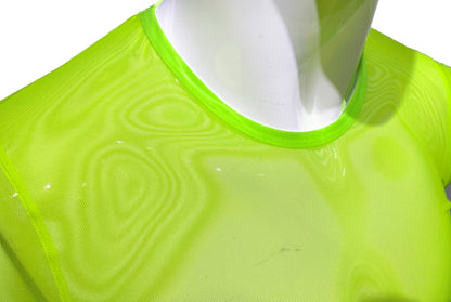 Neon green fine mesh tee with matching ribbed crew neck made of breathable athletic fabric for active wear