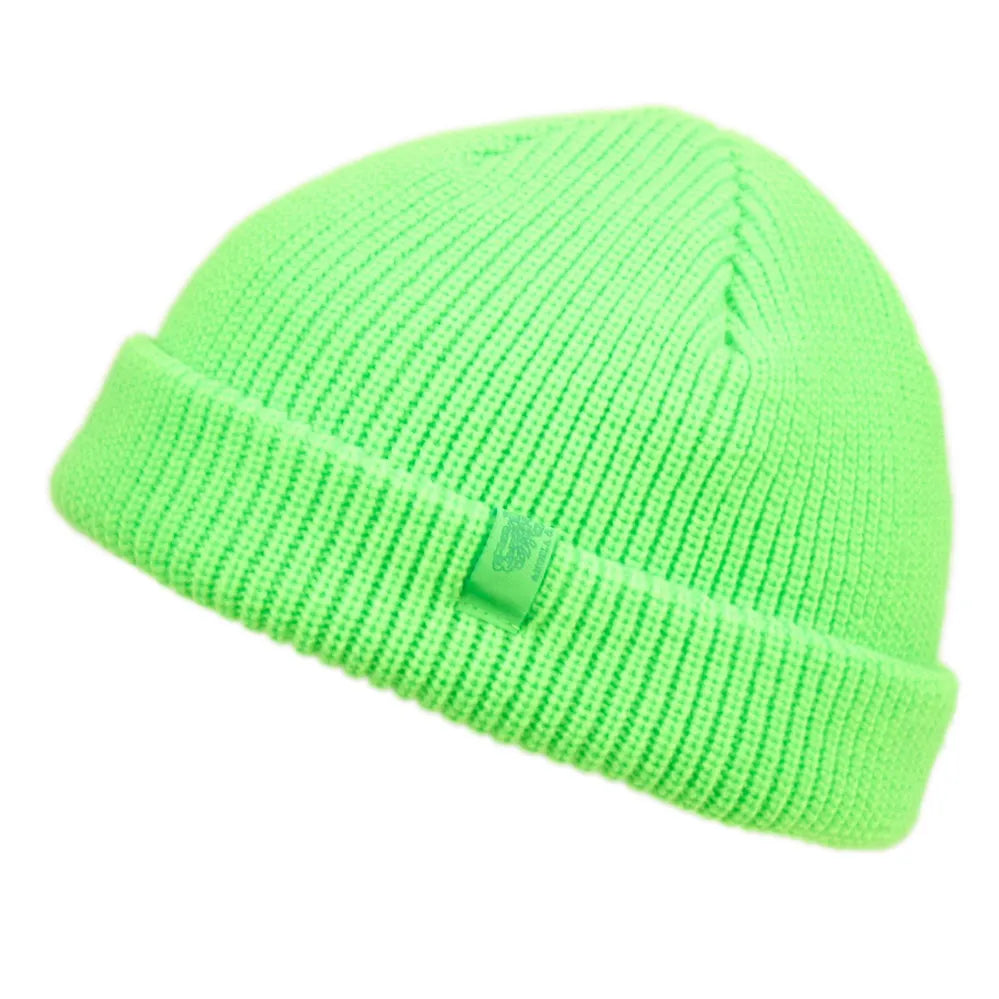 Neon green ribbed knit fisherman dock knit cuff beanie with folded cuff and small logo tag available in 4 colors