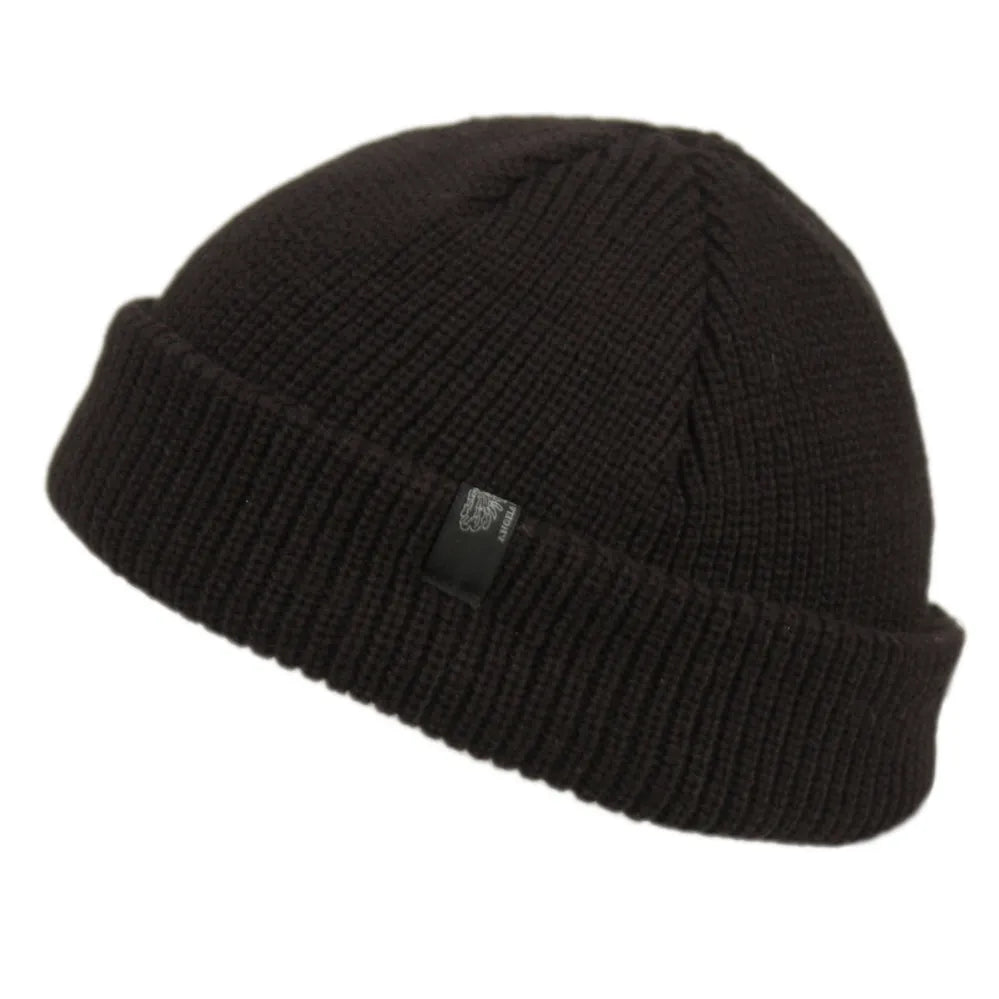 Black ribbed knit fisherman dock knit cuff beanie with folded cuff and embroidered logo available in 4 colors
