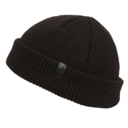 Black ribbed knit fisherman dock knit cuff beanie with folded cuff and embroidered logo available in 4 colors