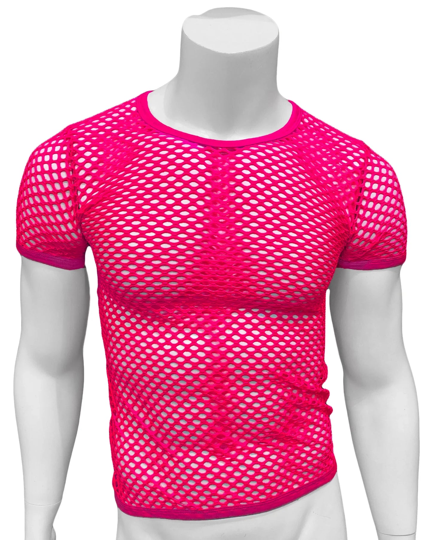 Bright pink fishnet tee with short sleeves and round neckline made of mesh material for a stylish breathable look