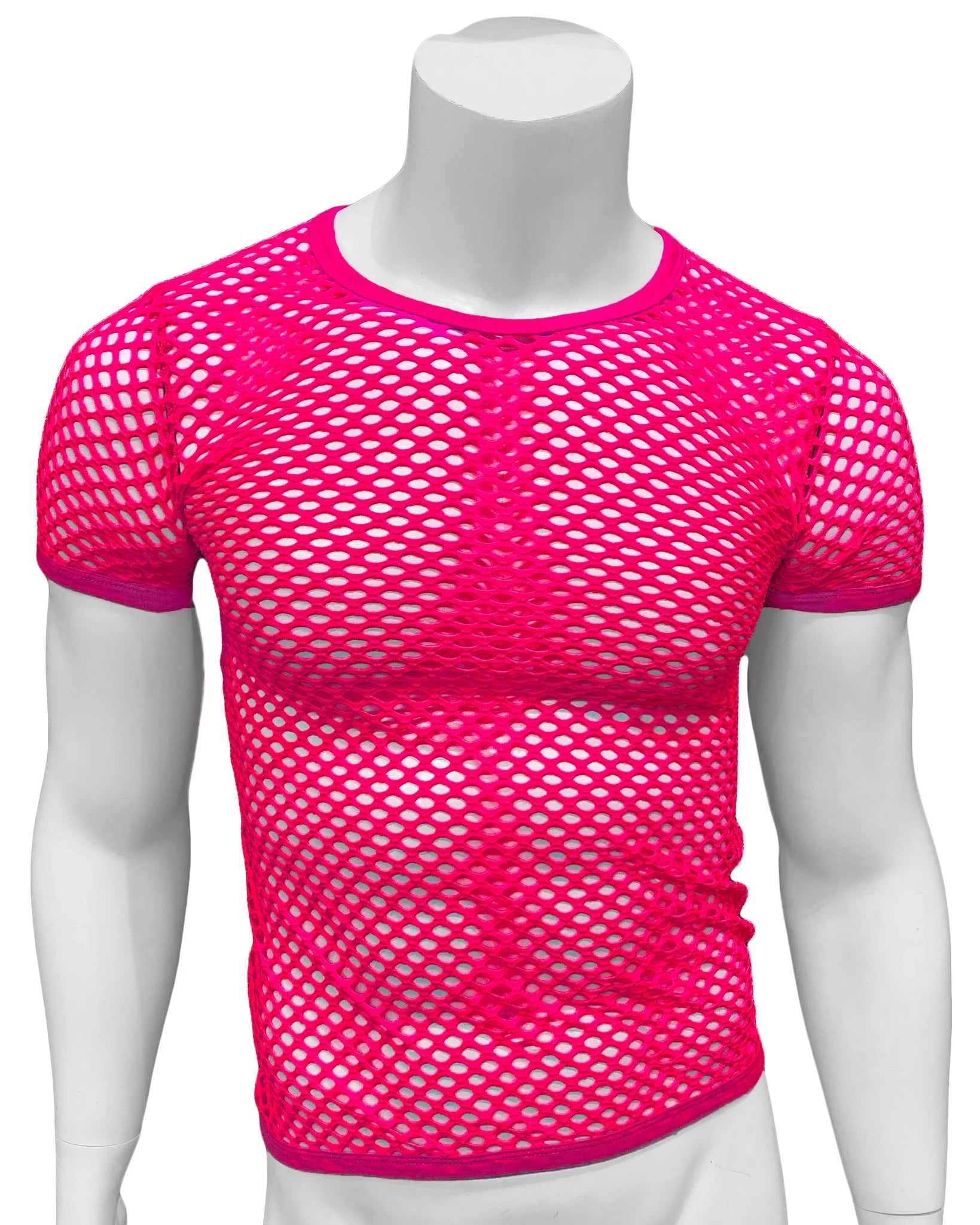 Bright pink fishnet tee with short sleeves and round neckline made of mesh material for a stylish breathable look