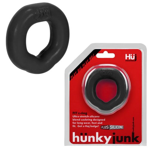 Black silicone fit ergo long-wear c-ring with smooth textured surface and embossed hü brand name