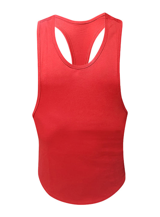 A vibrant red fizx tank top with smooth form-fitting fabric and curved hemline shown from the back side