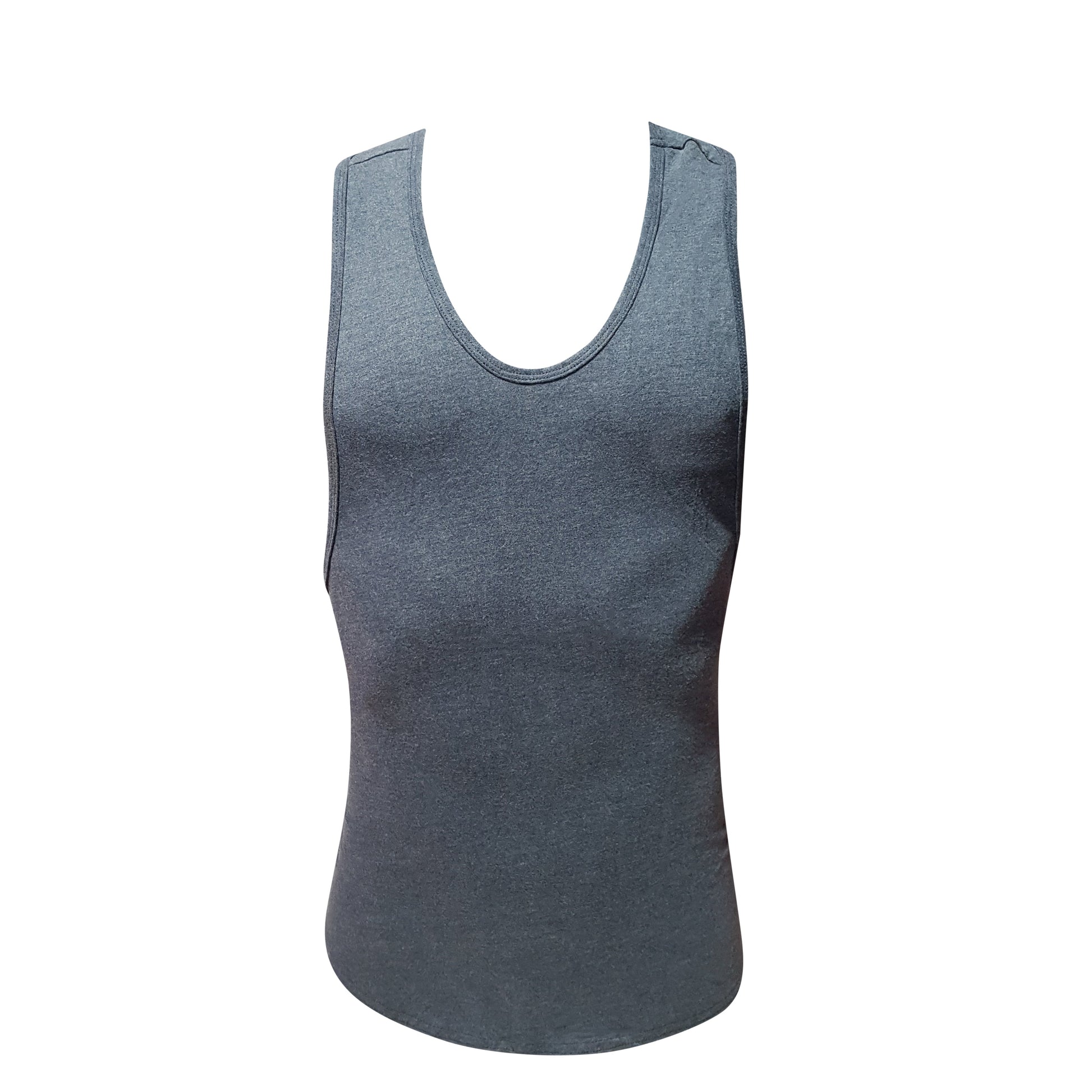 Fizx tank top in dark gray sleeveless ribbed fabric with rounded neckline and subtle trim along edges