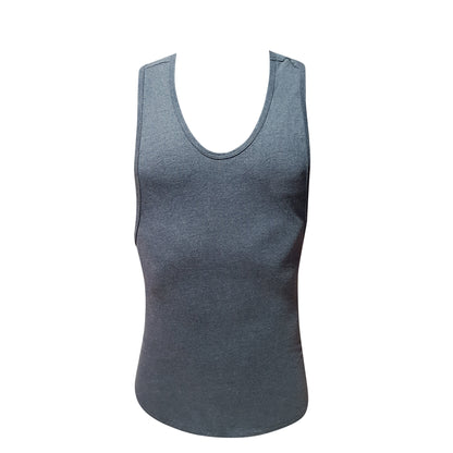 Fizx tank top in dark gray sleeveless ribbed fabric with rounded neckline and subtle trim along edges