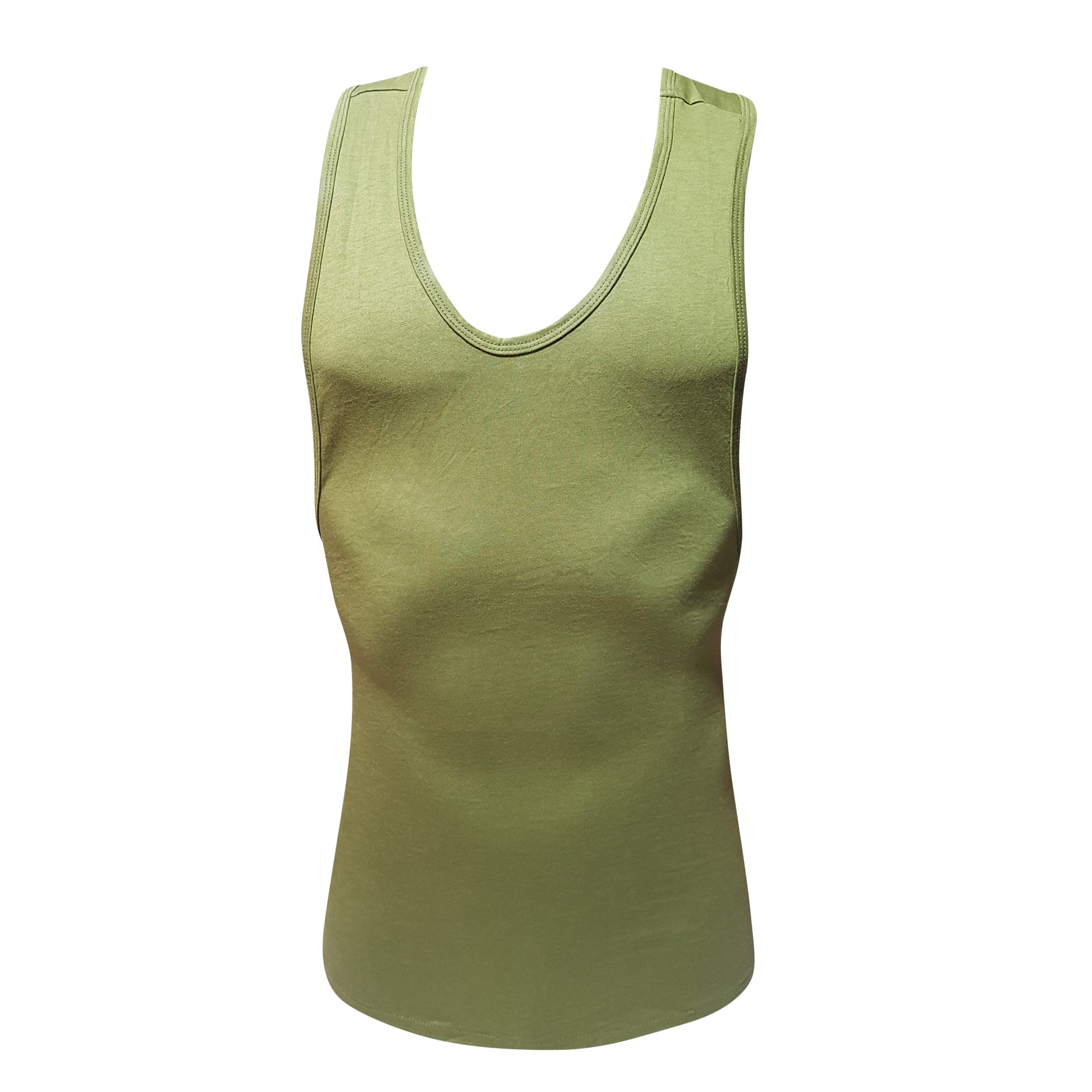 Olive green fizx tank top sleeveless with rounded neckline and ribbed trim perfect for casual wear