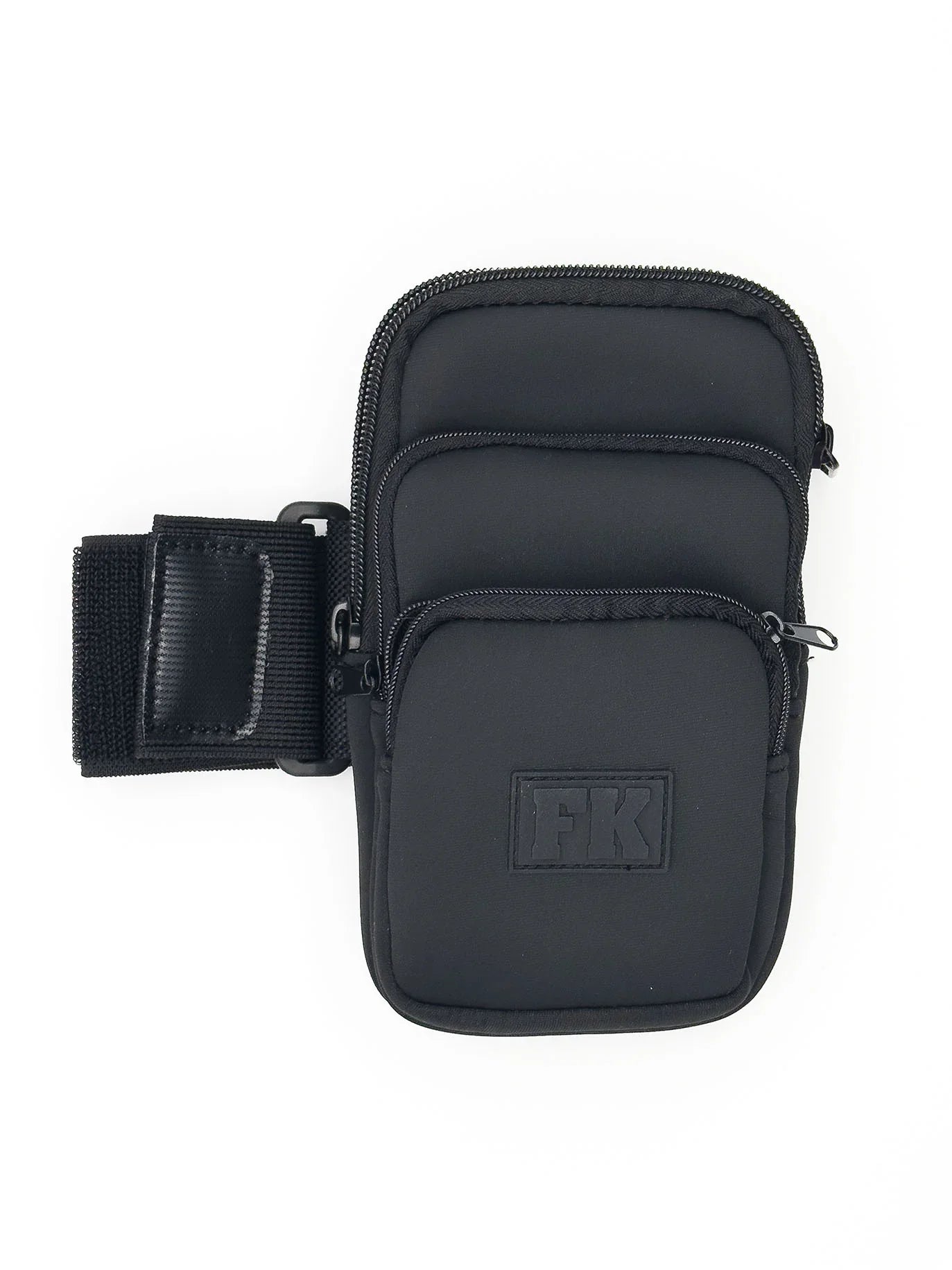 Black FK sport 3 pocket neoprene pouch arm band with three zippered compartments and adjustable strap