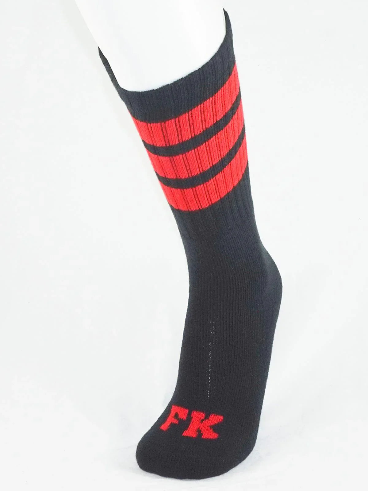 Black athletic tube sock with bold red stripes and matching fk logo on the toe for sport use
